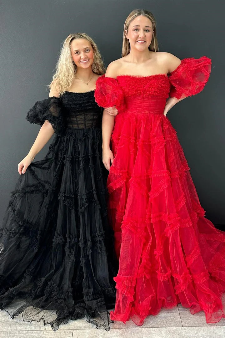 Vestido de fiesta de corte A sin tirantes, con volantes y mangas abullonadas